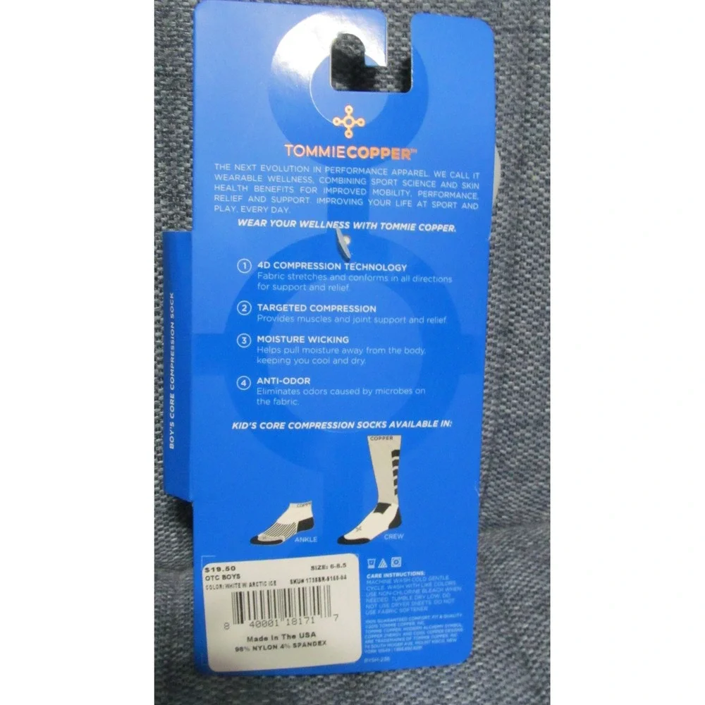 Tommie Copper Boy's Core Compression Socks White Gray Size 6-8.5 Anti-Odor